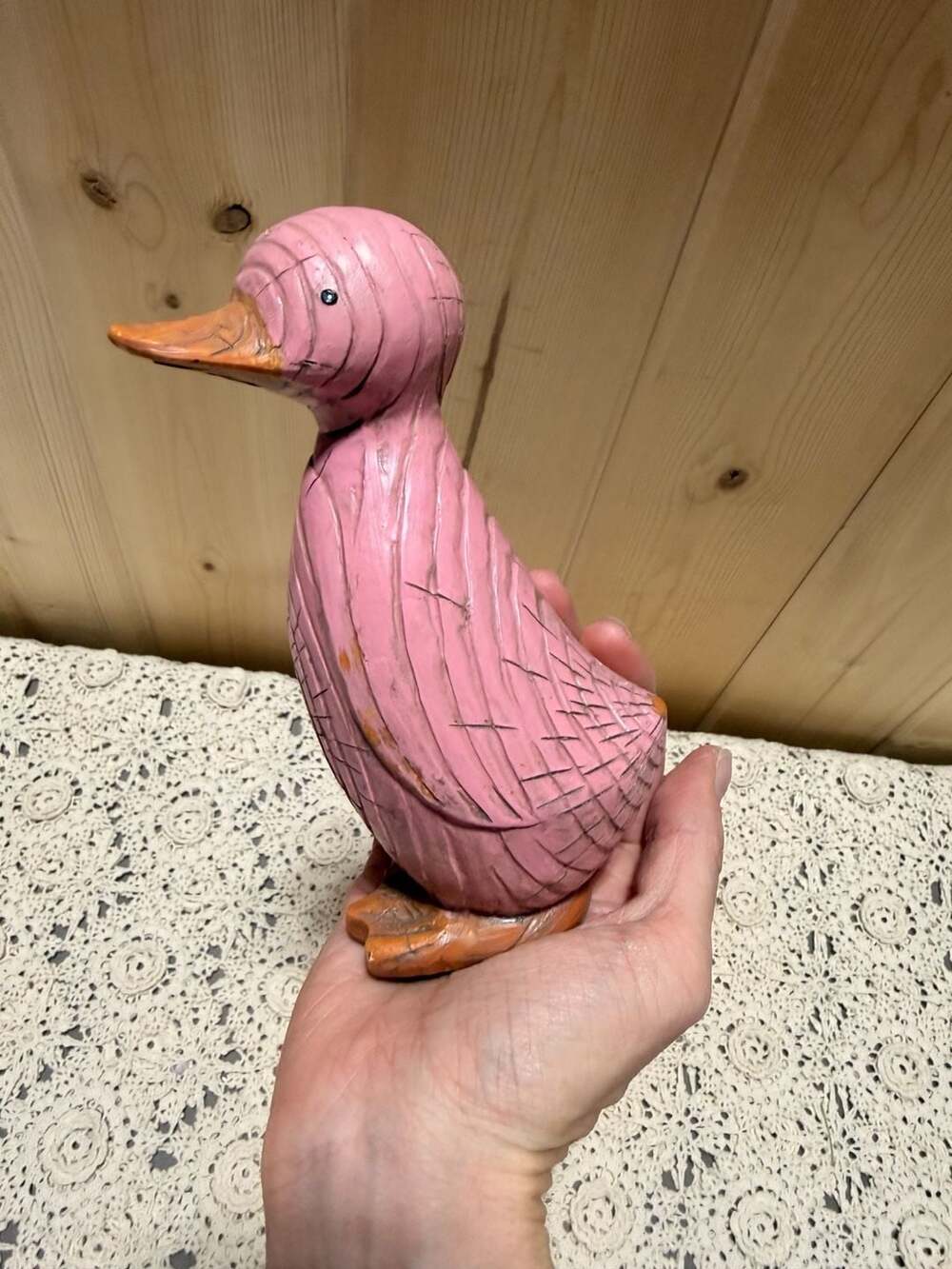 Vintage Hand Carved Wooden Pink Duck Figurine Folk Art Sculpture Cottage Decor